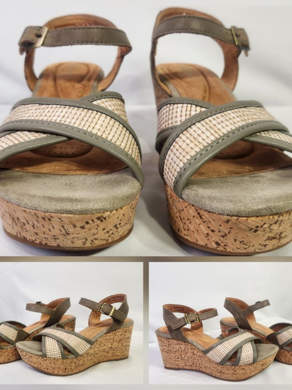 Clarks Open Toe Cork Wedge Sandals Olive Green Size 6M